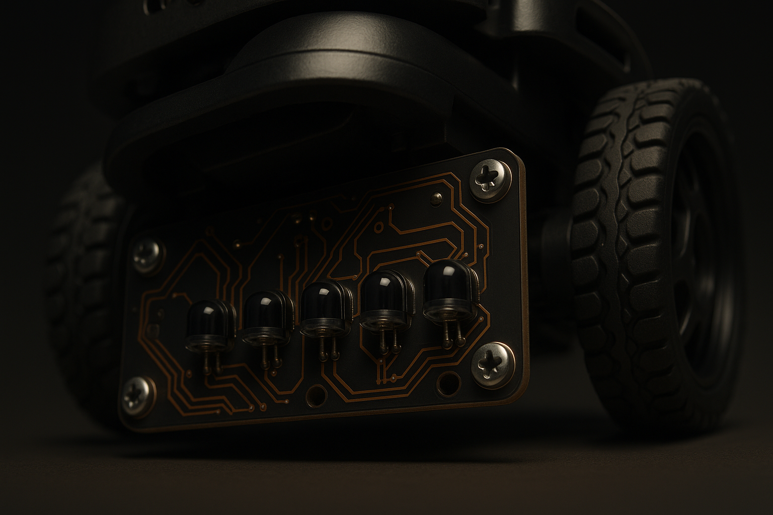 Close-up of a reflectance sensor array under a small robot chassis