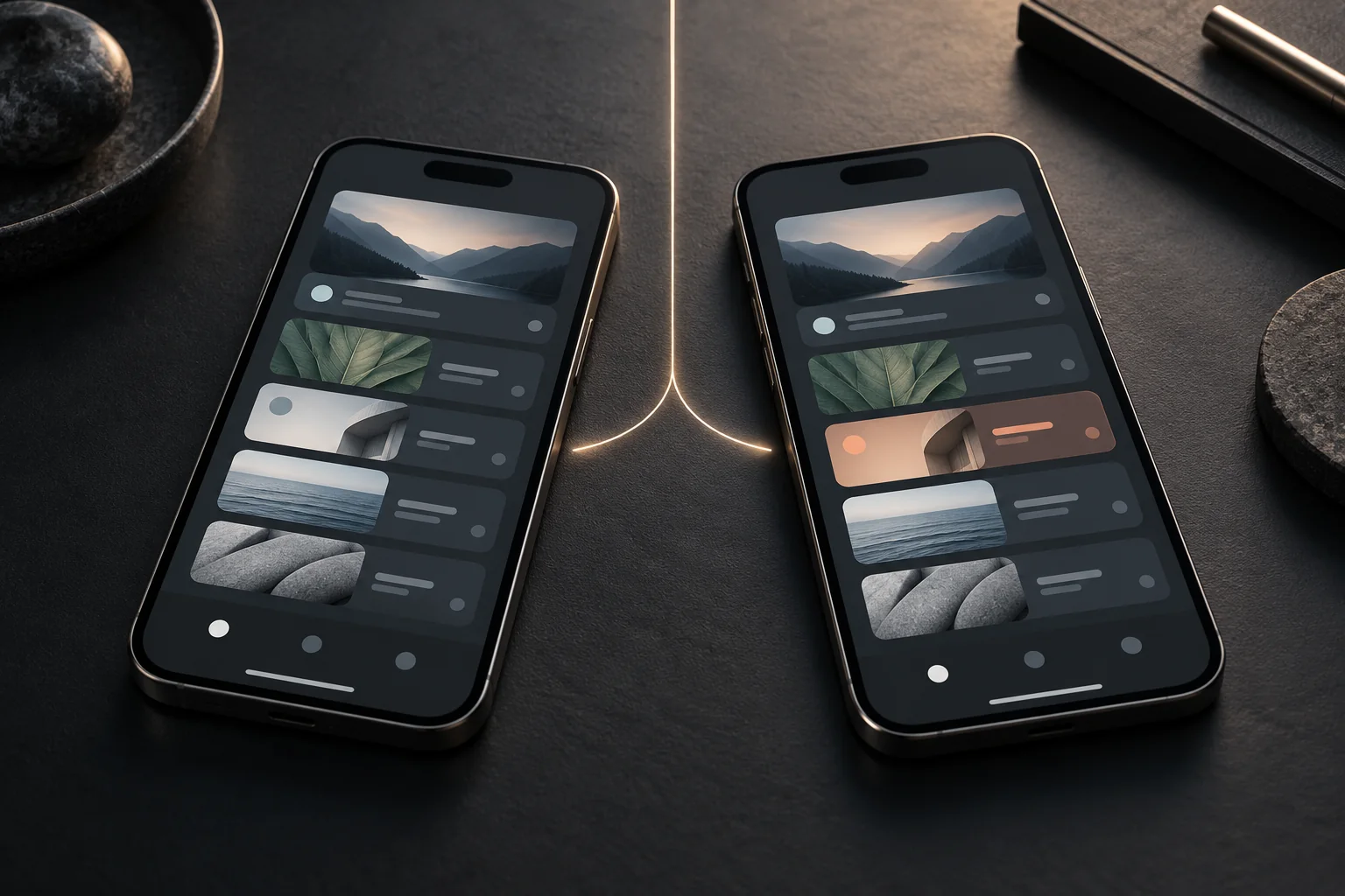 Editorial illustration of two identical phones showing subtly different arrangements of the same content