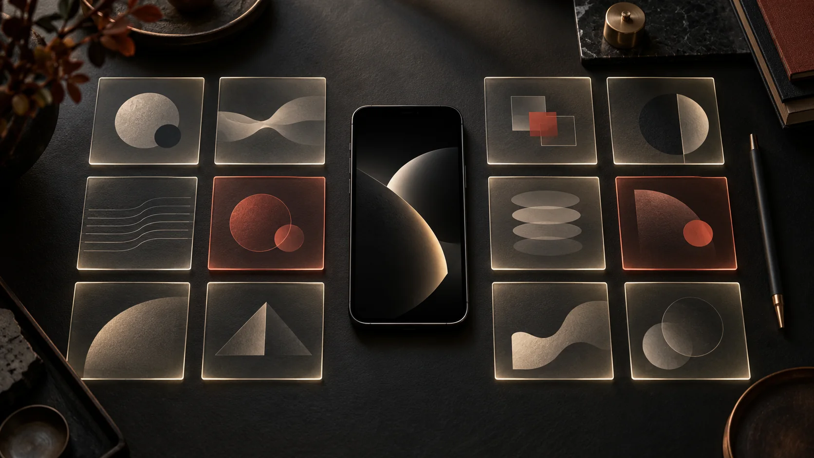 Editorial still life of a phone surrounded by sample cards, with a few cases marked for review
