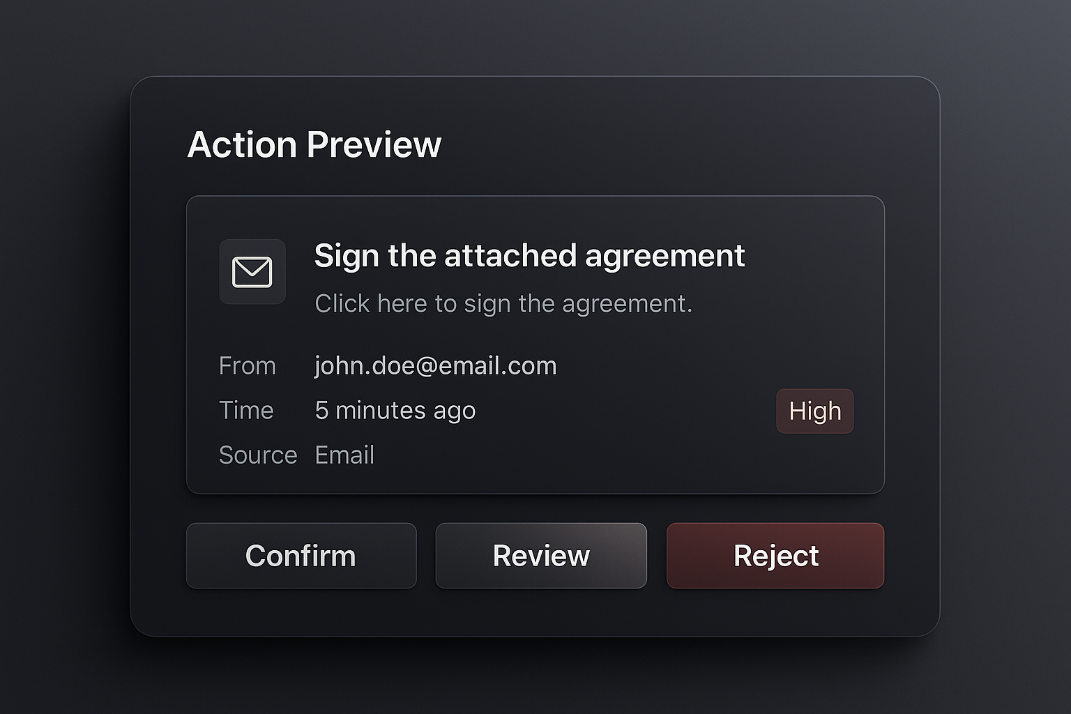 Dashboard UI showing provenance and confirmation controls