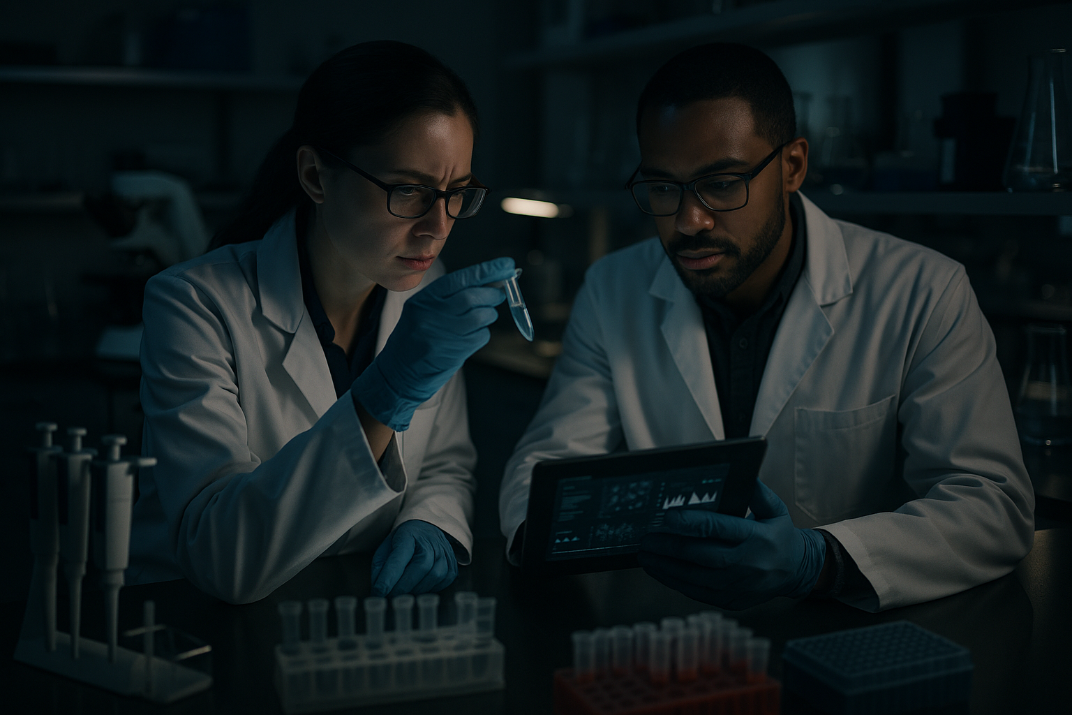 Laboratory bench with scientists validating a discovery