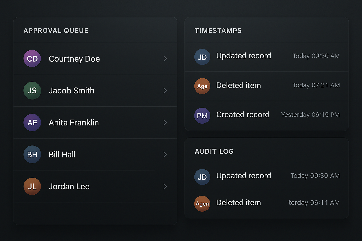 Dashboard showing an approval queue and audit log for agent actions